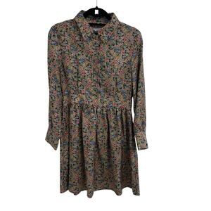 La Roque 100% Silk Long Sleeve Button Up Collared Dress Multicolor Floral Medium